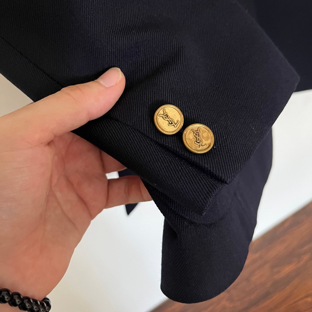 Vintage Yves Saint Laurent Navy Blue Blazer Gold YSL Monogram Buttons France - Picture 7 of 16